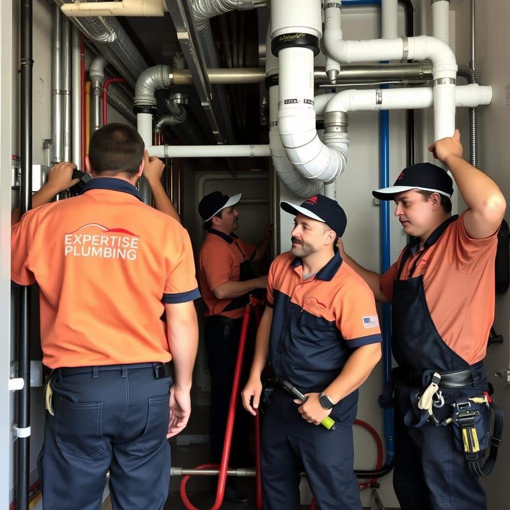 Maintenance team checking commercial plumbing for leaks