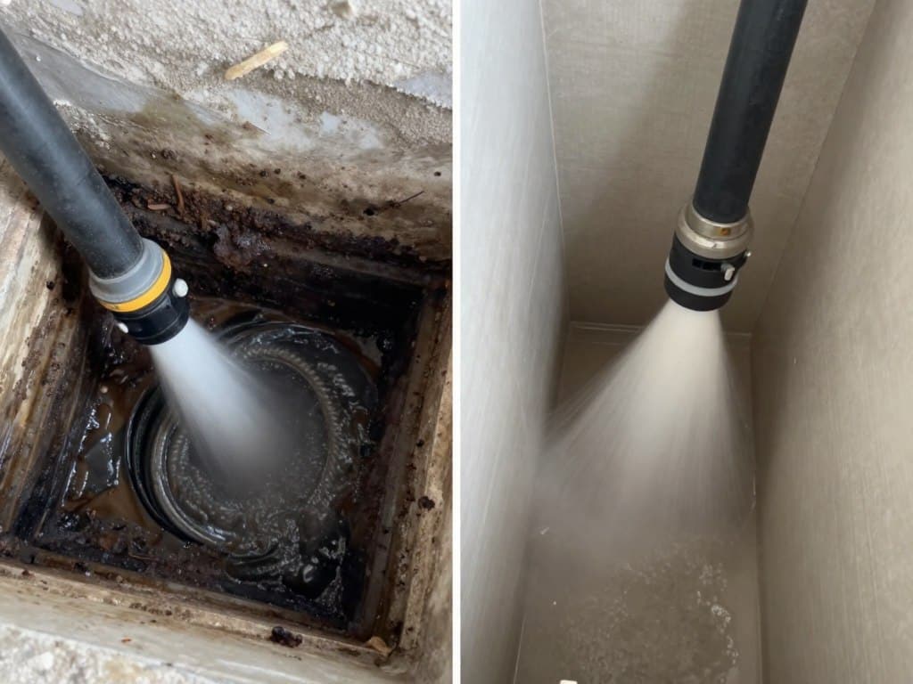 Hydro-jetting machine flushing debris from a main sewer line