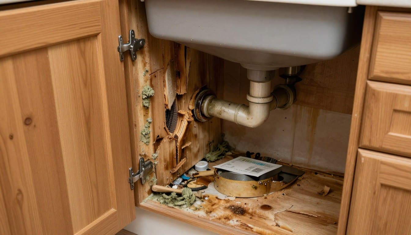 Plumber repairing leaking kitchen faucet in residential home