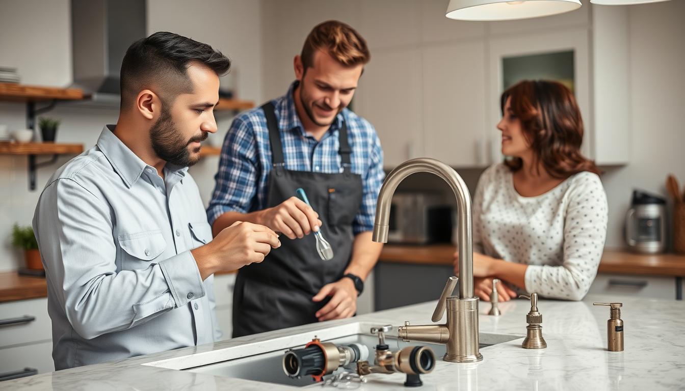 Professional faucet repair service fixing dripping kitchen sink