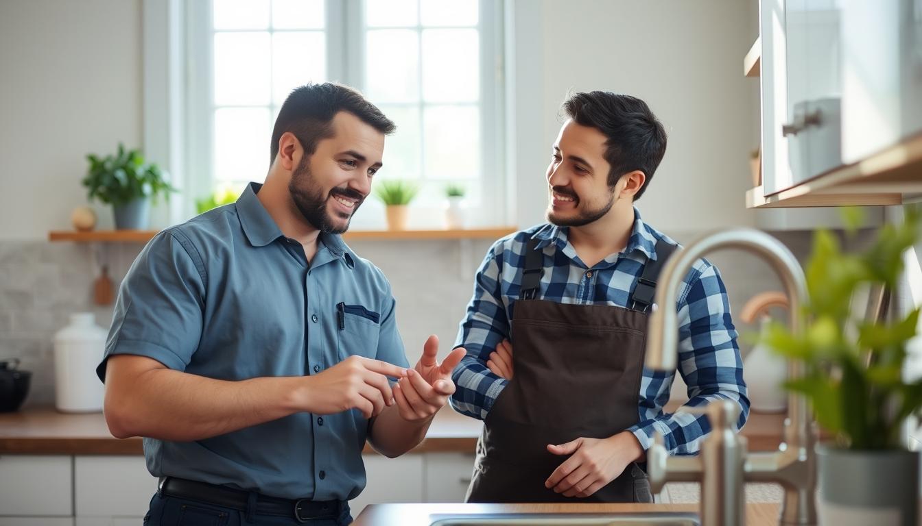 Plumber discussing faucet repair options with homeowner in kitchen