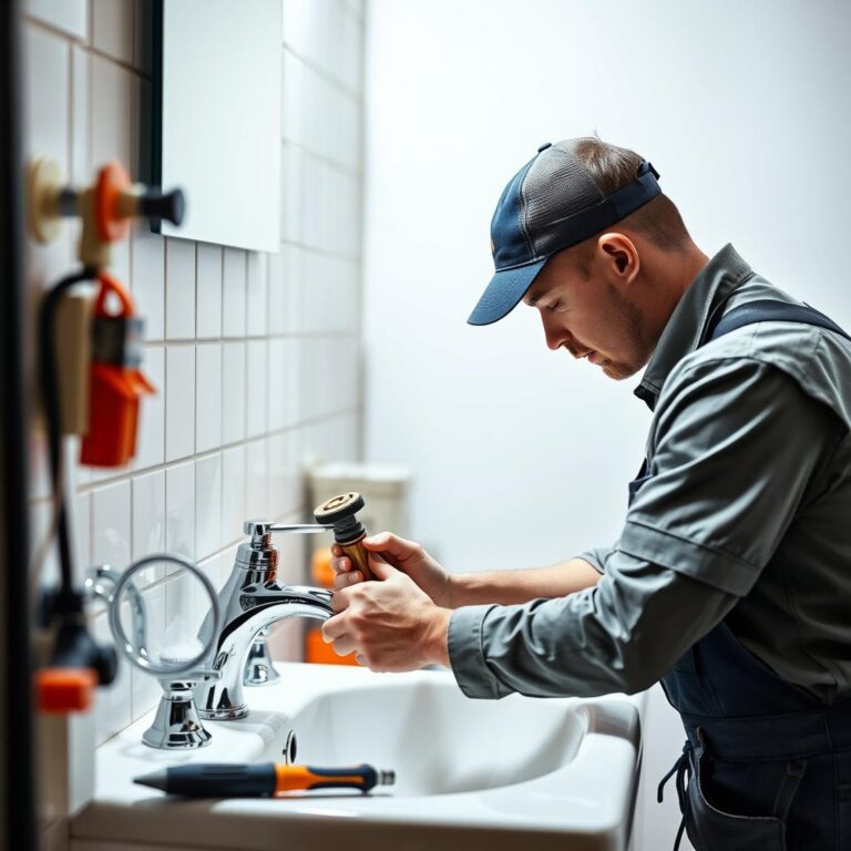 Licensed plumber performing faucet repair in residential bathroom