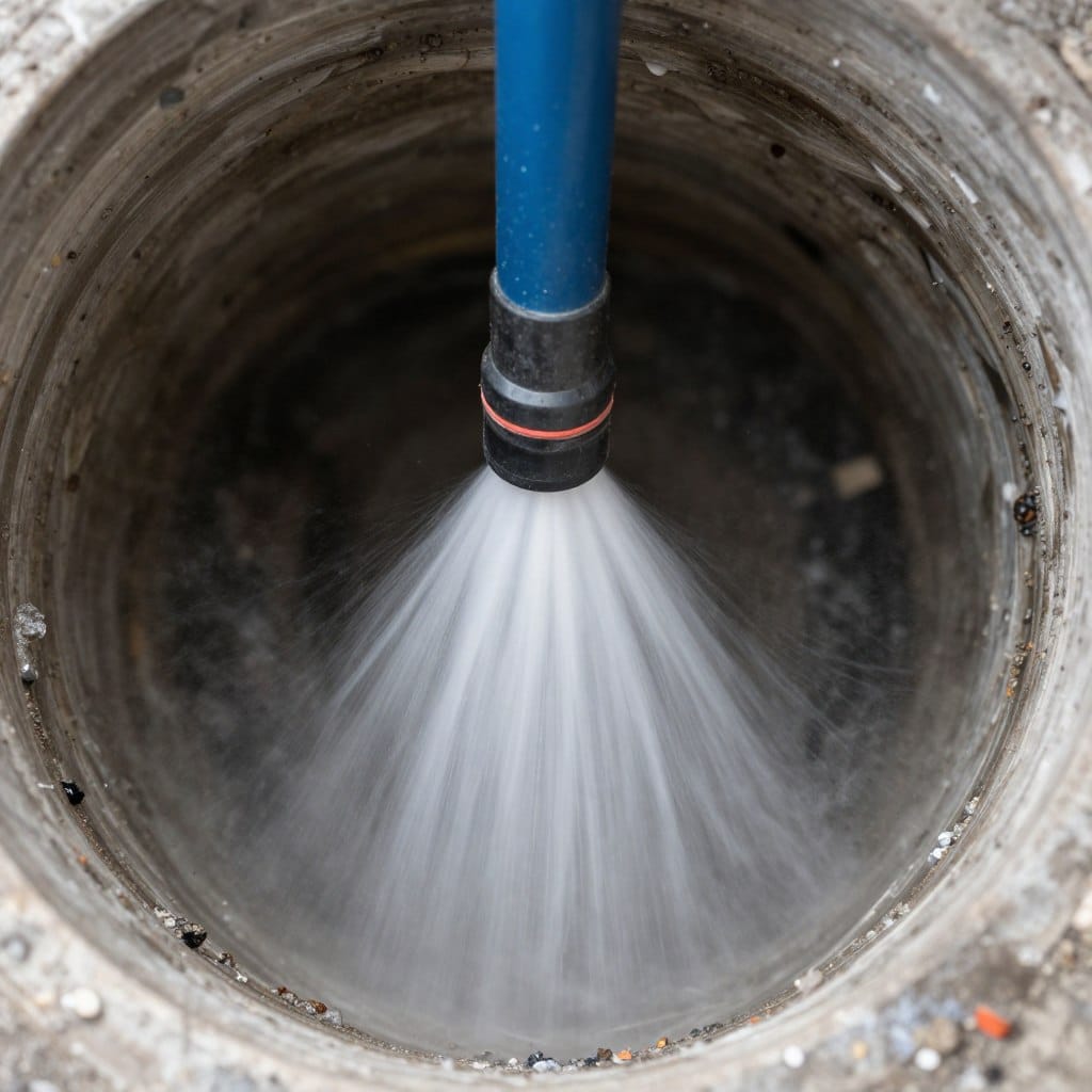 Plumber performing hydro-jetting to clear a clogged sewer line