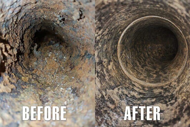 Before and after hydro-jetting clearing a clogged kitchen drain