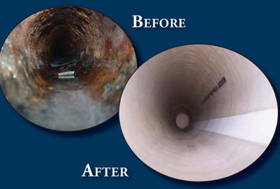 Before hydro-jetting: clogged drain; after hydro-jetting: fully cleared drain
