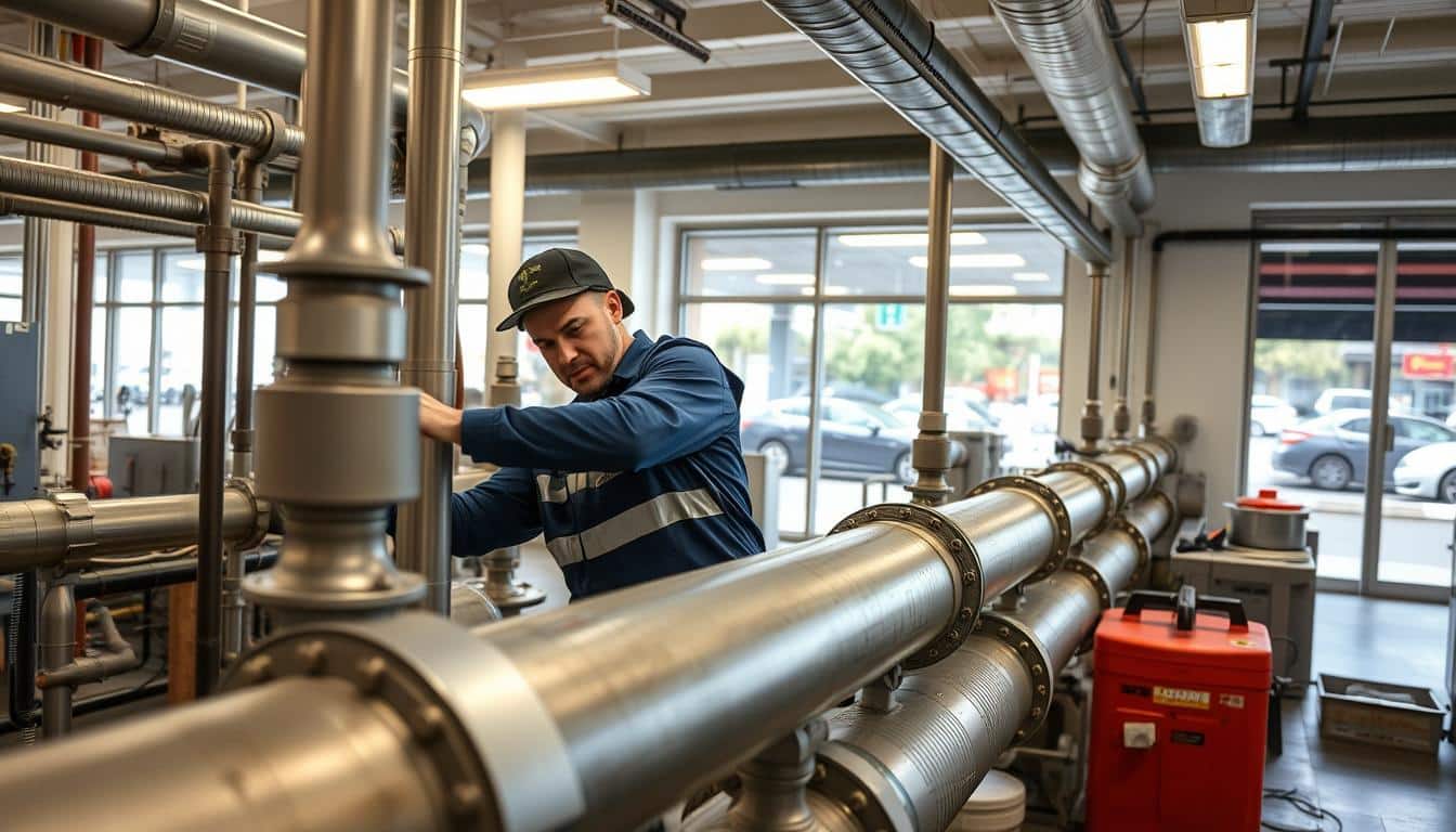 Plumber repairing a broken pipe causing water flooding