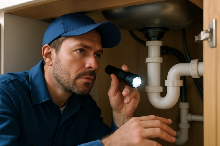 plumber inspecting pipes