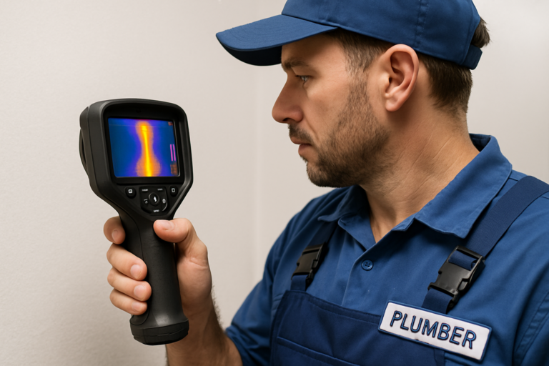 A close-up of a plumber using a thermal imaging camera on an interior wall, illustrating leak detection methods discussed in this section.