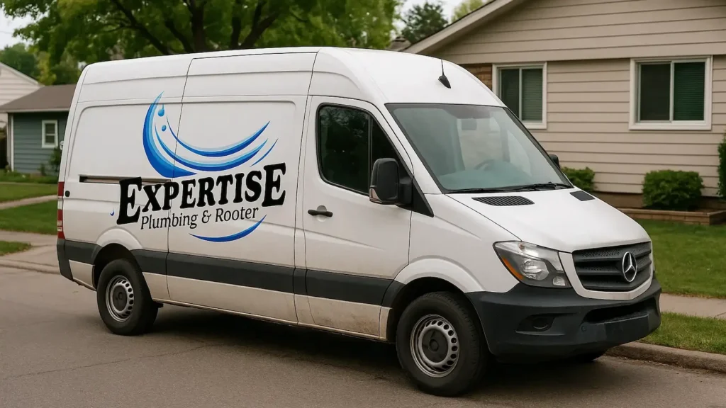 Expertise Plumbing service van in a Los Angeles neighborhood